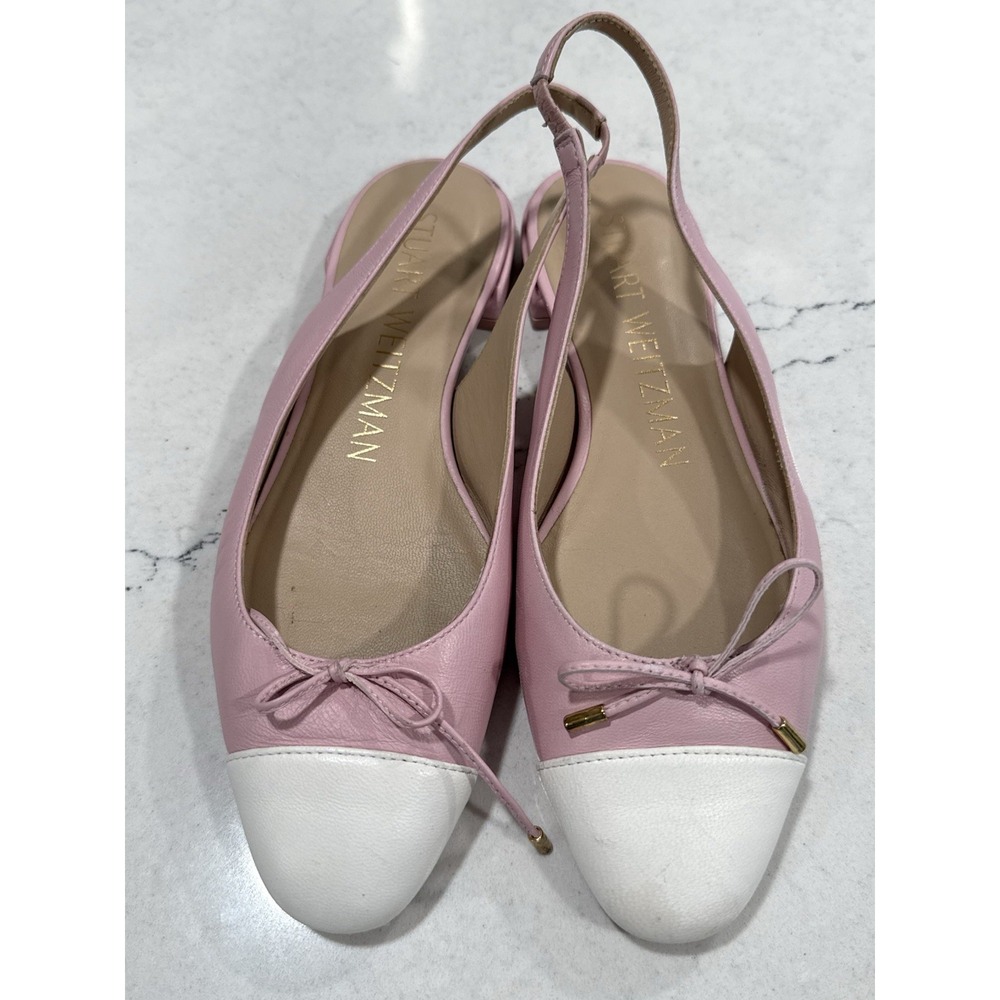 Stuart Weitzman Pink White Bow Pointed Ballet Slingback Flats Womens 6.5